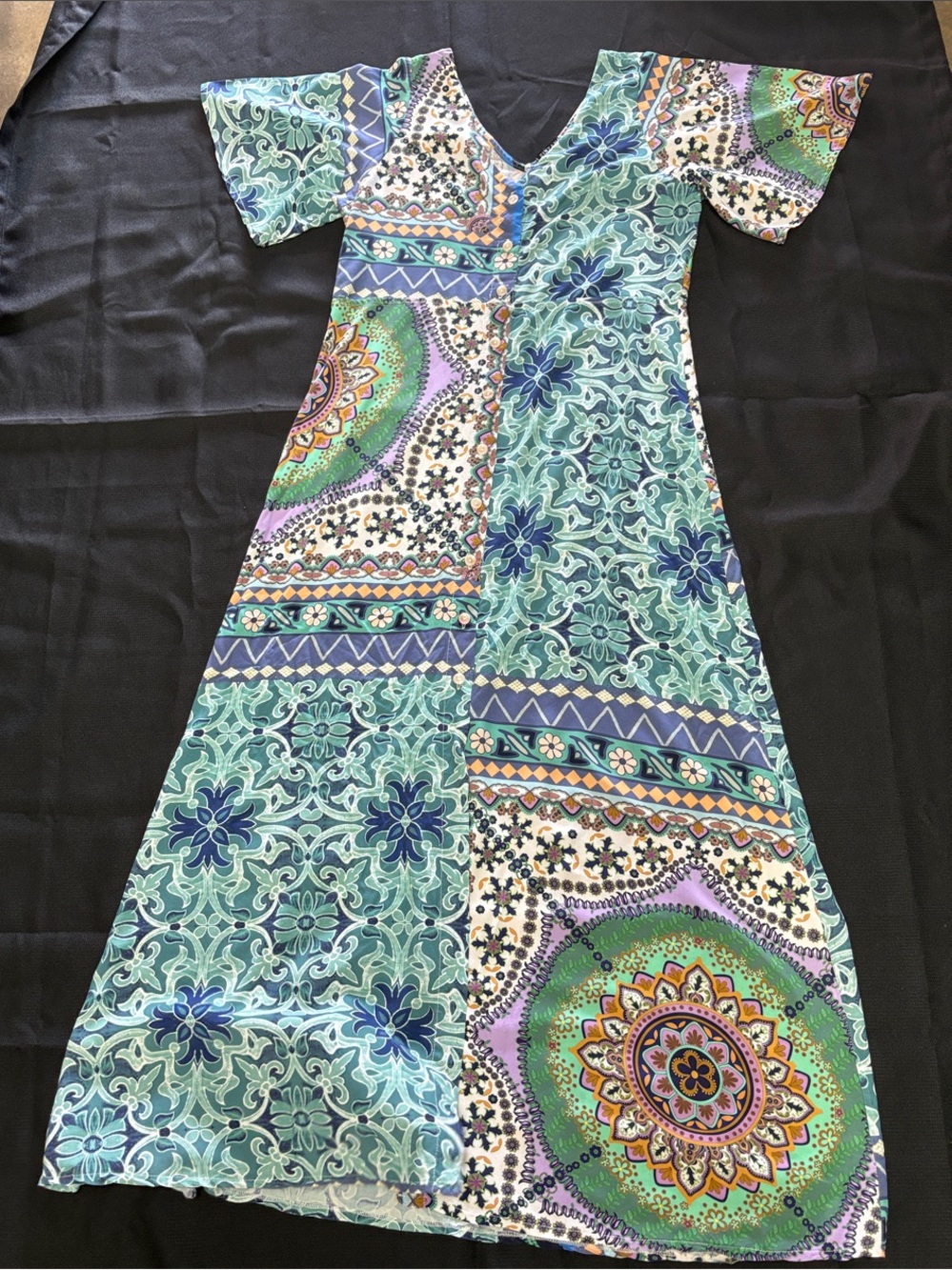 Bohemian Teal & Multi Maxi Dress with V-Neck
